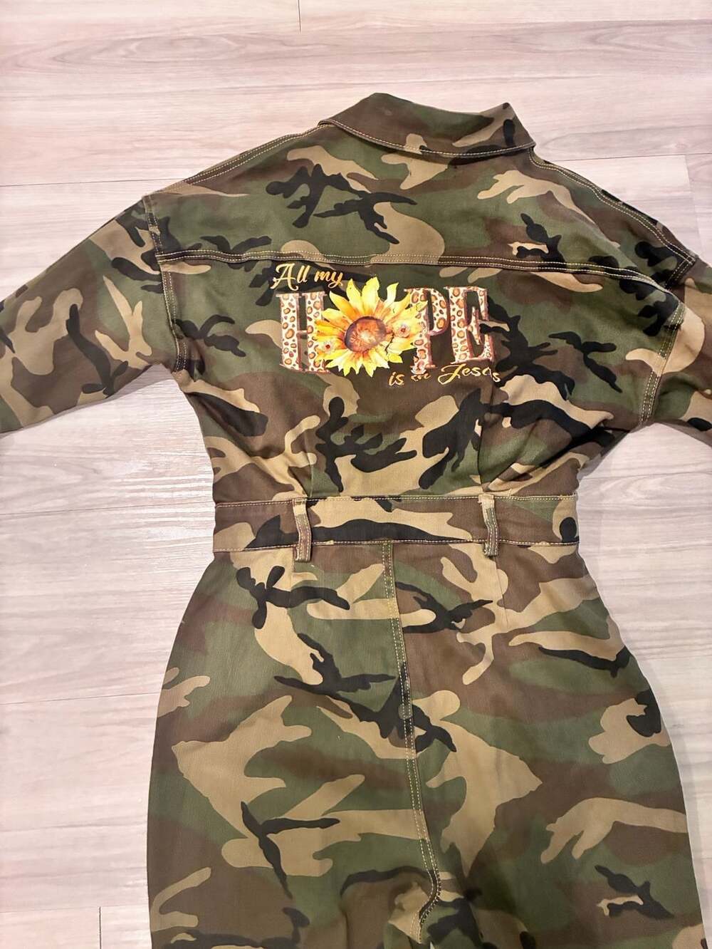 Customized Fashion Nova Camouflage Long Sleeve Jumpsuit with Jesus is King Patch